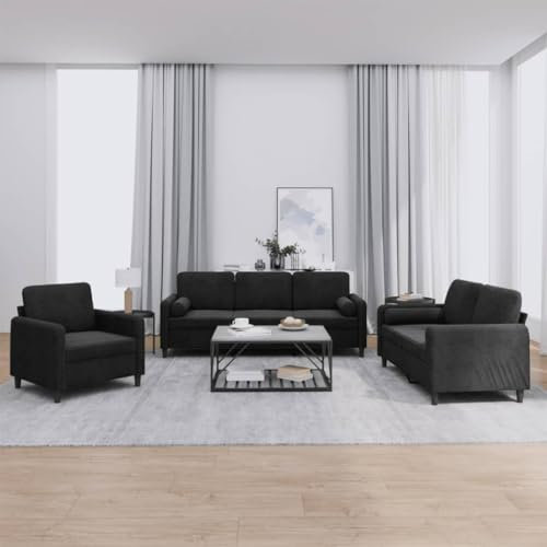 Homgoday 3-TLG. Sofagarnitur mit Kissen Wohnzimmersofa Loungesofa Sofa Couch mit Rückenlehne Gästesofa Couchgarnitur Moderner Sitzmöbel für Wohnzimmer Schlafzimmer Büro Schwarz Samt