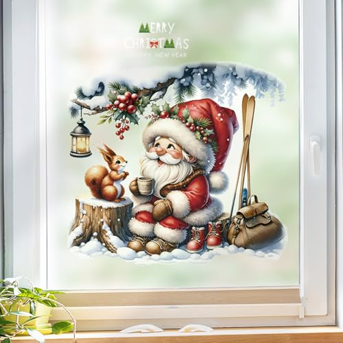 Cokshy Fensterbilder Weihnachten, Aquarell Fenstersticker Weihnachten Kinder PVC Fensteraufkleber Fensterdeko Selbstklebend für Schlafzimmer Badezimmer und Kühlschrank - D
