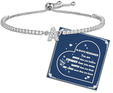Tibond Bracelets for Womens Initial Letter Bracelets Tennis Bracelet for Ladies Dainty Adjustable Crystal Zirconia Bracelet Birthday Christmas Jewellery Gifts for Friends Mum Daughter (A)
