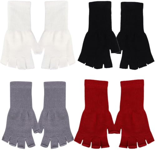 KOLZEMV 4 Paar fingerlose handschuhe damen, fingerlose handschuhe, handschuhe fingerlos damen, Halb Fingerhandschuhe Winter Fingerlose Handschuhe Strickhandschuhe für Männer Frauen