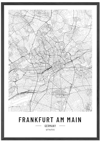 JUNOMI® Frankfurt Poster DIN A4 mit Rahmen Schwarz, DIN A4 Wohnzimmer Deko, Modernes Wandbild, Frankfurt Bild, Wandbild mit Rahmen, Stadtplan Poster Frankfurt, perfekte Geschenkidee für Frankfurter
