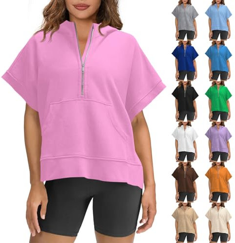 Felpa da donna, oversize, a mezza cerniera, per il tempo libero, a maniche corte, sportiva, senza cappuccio, comoda felpa larga, abbigliamento estivo, con tasche, Lilla, M