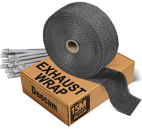 Deecam Hitzeschutzband Auspuff 15M Schwarz – Hitzebeständiges Auspuffband für Auto & Motorradkrümmer, Inkl.12 Edelstahl Kabelbindern (300x4,6mm）
