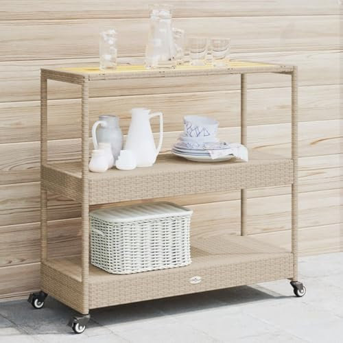 Gecheer Carrito de Bar 3 Niveles ratán PE y Madera Maciza Acacia Beige,Carrito verdulero para Cocina,Carrito Auxiliar Multiuso,Carros de Servicio