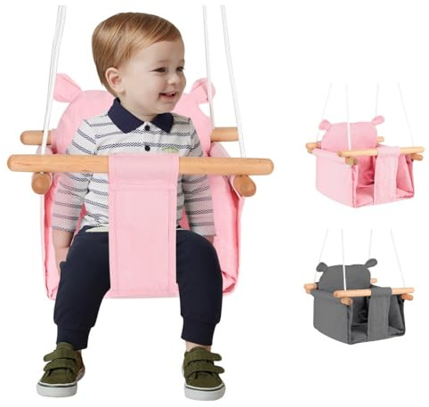 OHMG Balancoire Interieur pour Bebe et Enfants, Petit Ours Siege balançoire en Bois et en Coton pour bébé, Balansoire pour Enfant, Balancelle scandinave, Baby Swing