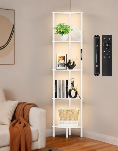 OUTONLIFE Lampada da Terra LED con Libreria Angolare a 5 Ripiani, Dimmerabile con Touch e Telecomando, 3 Temperature di Colore, Scaffale ad Angolo in Legno per Soggiorno, Camera da Letto e Ufficio