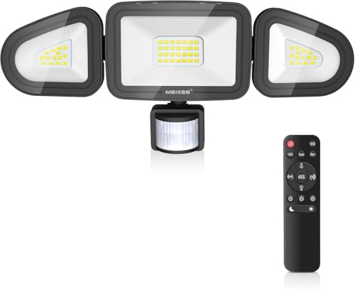 MEIKEE Foco LED con Sensor de Movimiento 42W 3600LM Focos Led Exterior con Detector 3 Cabezas Luz de Seguridad Mando a distancia 6500K Blanco Frío IP66 Impermeable para Jardín Patio Garaje Entrada