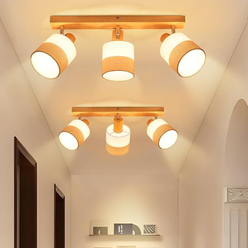Glitzerlife Deckenstrahler 3 Flammig Deckenlampe Holz 2ER Deckenleuchte | Vintage E14 Stoffschirm Retro Schwenkbar 350° Deckenspot MAX.25W Flur Küche Schlafzimmer Wohnzimmer, Ohne Leuchtmittel