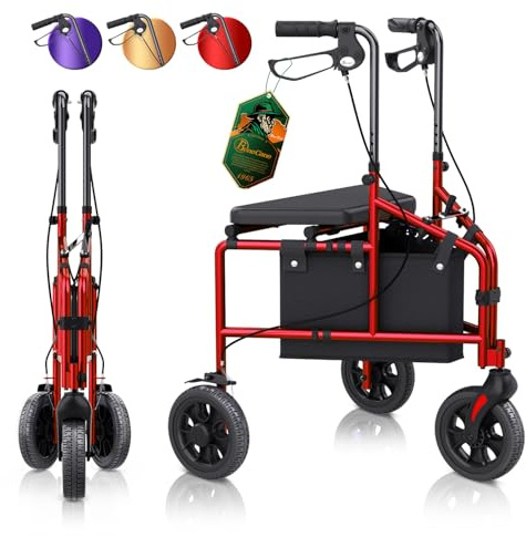 BeneCane Rollator 3 Räder mit Sitz für Senioren - Leicht, Faltbar, Klappbar - Wohnungsrollator Schmal, Gehhilfe für All Gelände, Höhenverstellbarer Rollstuhl, Gehwagen, 3-Rad-Rollator, Indoor, Outdoor