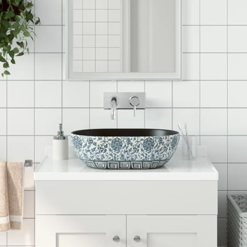 Lavabo da Appoggio Ovale in Ceramica, Design Nero e Blu con Motivo Decorativo, Per Bagno Moderno o Vintage, 47 x 33 x 13 cm