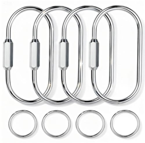 Tiezzi Gold Brass Key Rings, 1 Pack Keychain with 4 Flat Rings Carabiner Clip, Screw Lock Keys Organizer, Purse Bag Accessories Charms Holder for Handbags, Doll, Car Keys,Silvery - Medium Size