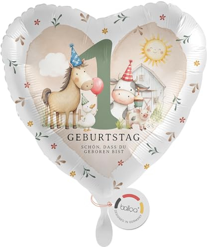 balloa Folienballon Herz Farmtiere, Geschenk 1. Geburtstag für Jungen oder Mädchen, Helium Ballon Bauernhof, Pferd Kuh Schwein Gans, Kindergeburtstag Deko mit Tiermotiven, Geburtstagsdekoration, 33cm