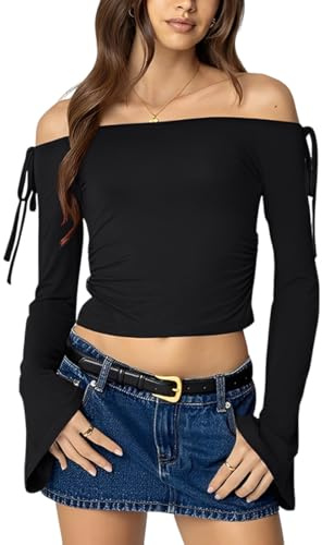 Gkaopi T-Shirt à Manches Longues pour Femme Sexy à Épaules Dénudées Hauts Y2K Court Crop Top Moulant Élégant et Décontracté Tops Slim Fit Stretch Chemise Couleur Unie Basiques Ajustée Tee Shirt