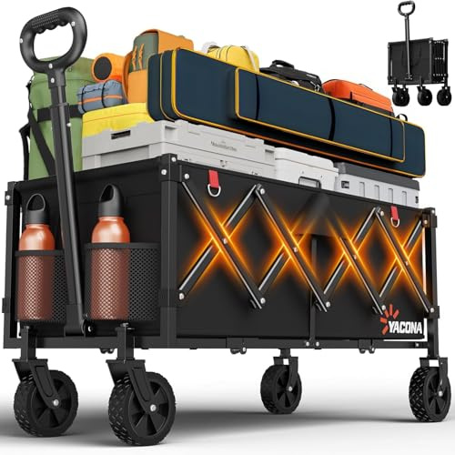 Carro plegable negro, 180 L, con 4 ruedas reforzadas, carro de mano plegable con asa, carrito todoterreno para tienda de comestibles, camping, compras, playa, jardín