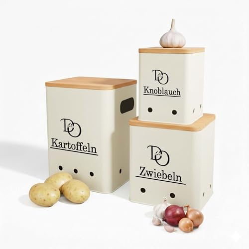 Domi & lo Kartoffel Aufbewahrungsbox 3er Set – Zwiebeltopf, Kartoffeltopf & Knoblauchtopf – Zwiebel Aufbewahrung, Kartoffel & Knoblauch Aufbewahrung, länger frisch (Beige, Größe L)