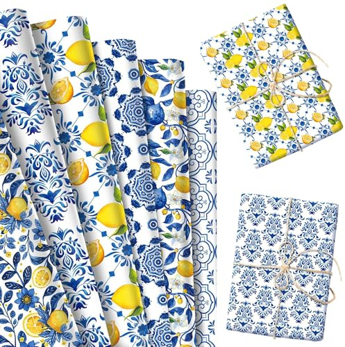 Blaues Fliesen Zitronen Geschenkpapier Party Geschenkverpackung Geschenke | 12 Blatt Blaues Fliesen Zitronen Geschenkpapier Party Geschenkverpackung Flach Gefaltetes Kunstpapier Für Geburtstag