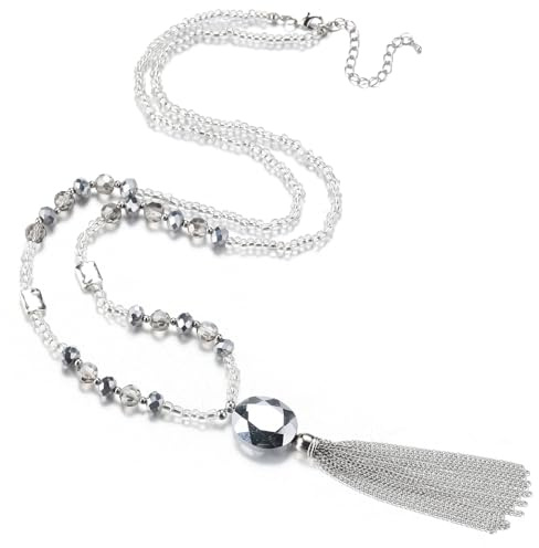 BULINLIN Beaded Long Necklaces for Women Chunky Crystal Bead Pendant Necklace with Silver Tassel Birthday Gifts for Her Vintage Costume Jewellery(Silver)