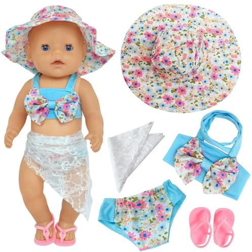 5 Stück Badeanzug für 14-18 Zoll Puppen, Blumen Schwimm Set mit Neckholder Top Puppenbadeanzug Strandhut Sandalen Kleiderbügel Netzschal Puppenkleidung für 43cm New Born Baby Schwimmpuppe