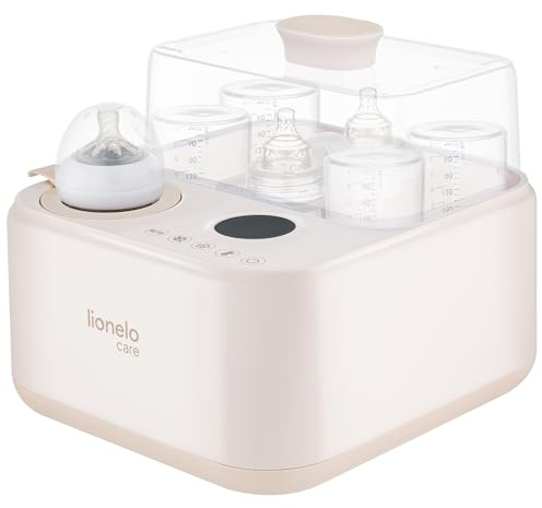 Lionelo Steamup 3-i-1 Flasksterilisator med Torkfunktion och Flaskvärmare – Ångsterilisering upp till 100°C, för 4 Flaskor, Automatisk Torkning, Touchpanel med Display, BPA-fri, Kompakt Design