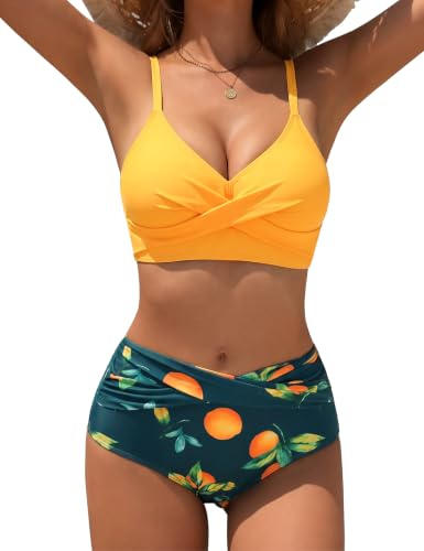 FemiChic Costume da Bagno Donna Due Pezzi Vita Alta Costumi da Bagno Pancia Piatta Color Block Bikini Incrociato per Mare Piscina Curvy Swimwear