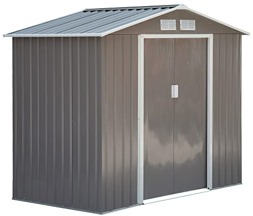 Outsunny Gerätehaus 2,42 m², Gartenhaus mit Satteldach, Schiebetür, Fundament, 213 x 130 x 185 cm, Geräteschuppen aus Verzinkter Stahl, wetterfest, für Garten, Grau