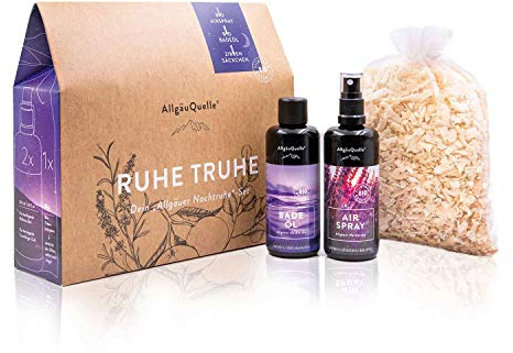 AllgäuQuelle® Bio Geschenk-Set Nachtruhe mit 100% Bio-Öle - 1x Bio-Airspray 100ml + 1x Bio-Badeöl 100ml Allgäuer Nachtruhe + 1x Bio-Duftsäckchen. Set mit Duftspray, Badeduft, Duft-Säckchen