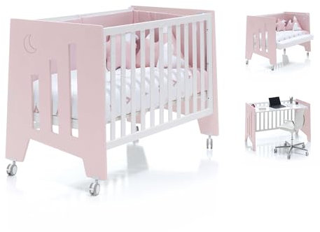 Alondra Cuna de colecho niña Rosa (3en1) 120x60 Convertible en 3 etapas: Cuna, colecho y Escritorio, 5 Alturas de somier y Ruedas con Bandas de Goma. OMNI-K10 Rosa