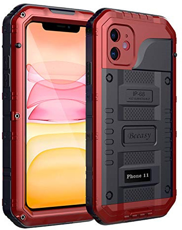 Beeasy Hülle Kompatibel mit iPhone 11, Wasserdicht Stoßfest Outdoor Handy Case Militärstandard Schutzhülle mit Displayschutz Robust Metall Schutz vor Stürzen Stößen Heavy Duty Handyhülle, Rot