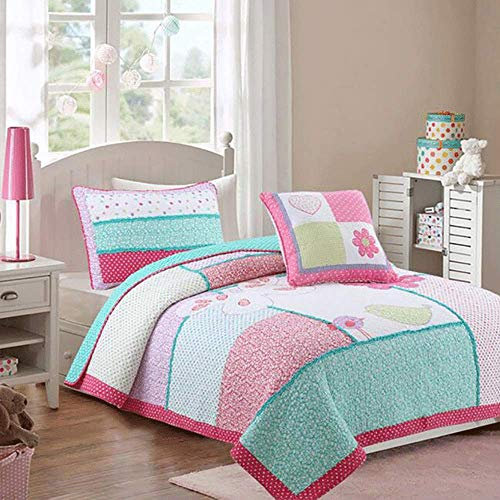 Kinderdecken Steppdecke Tagesdecke Striped Plaid Patchwork Tagesdecken Set 2PCS Einzelbett 100% Baumwolle Keine Stimulation Chic Bestickte Decke (173x220 cm) + Kissenbezüge (50x70 cm)