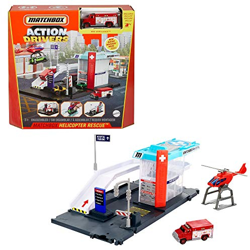 Matchbox GVY83 - Notrettung Spielset mit 1 Krankenwagen im Maßstab 1:64 und Hubschrauber mit Transportmöglichkeit für Fahrzeuge, Spielzeug für Kinder ab 3 Jahren
