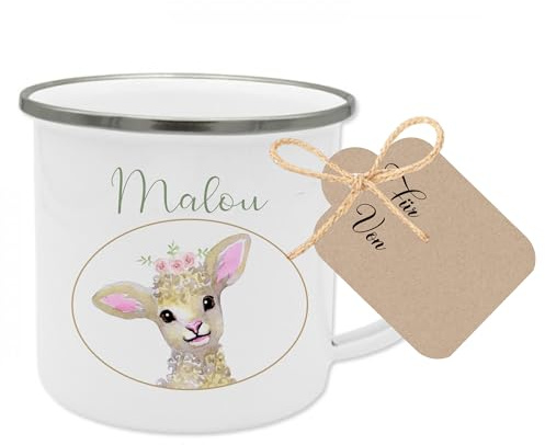 Manufaktur Liebevoll Emaille Tasse Kinder Geschenk personalisiert Kindertasse Schaf Geschenk mit Name Kinder Geburtstagsgeschenk Tasse (Motiv “Malou Schaf”)