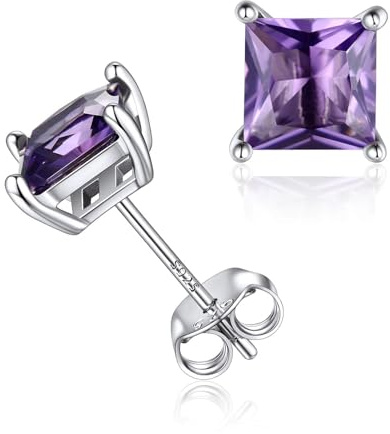 Clou d'Oreilles pour Femme - Boucle d’oreilles Puces en Argent 925 avec Cristaux Améthyste Violet Pierre Carré Diamètre 6 mm Brillante Bijoux Cadeaux d'Anniversaire pour Femmes Filles Elle