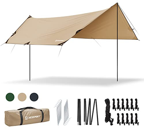 Bessport Tarp, Zeltplane Wasserdicht, 3x4.6m Mit Stützstange, Erdnägeln und Nylonschnur, Ultraleichte multifunktionale UV-Schutzplane, Geeignet für Zelte, Outdoor
