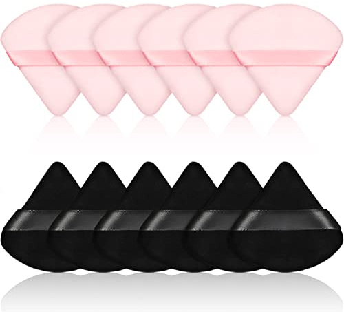 Maitys 12 Pcs Powder Puff Triangle for Face Makeup Cosmetic Loose Powder Puff Velour Soft Body Washable Reusable Foundation Sponge Wet Dry Makeup Tool for Women(Small,Black, Pink)