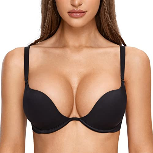 DOBREVA Damen mit Bügel Deep U Push Up Plunge BH Sexy Gepolstert Tshirt Schwarz 80A