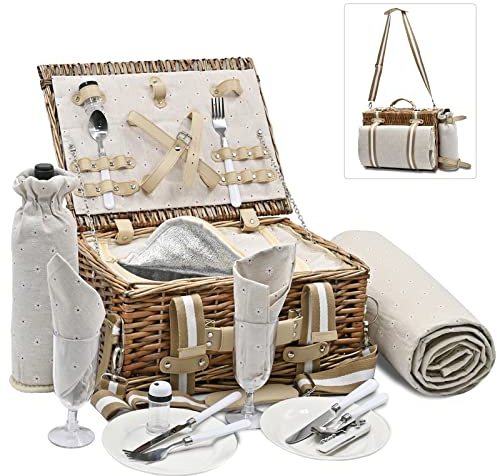 Picknickkorb aus Weide, für 2 Personen, mit isolierter Auskleidung und wasserdichter Picknickdecke und Weintasche, großer Picknickkorb für Camping, Outdoor, Geburtstag, Weihnachten für Paare