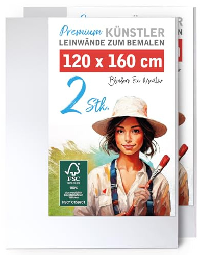 2er-Set Künstler-Leinwand XXL zum Bemalen 120x160cm groß. Die Wandbild Leinwand aus 100% Baumwolle ist umlaufend gespannt auf FSC® Holz-Keilrahmen mit 37mm Stärke, 380g/m², 2-fach weiß grundiert