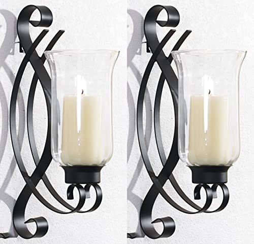 Novaliv 2X Wandkerzenhalter Vintage Metall mit Glas 18 x 36 x 20 cm Schwarz Kerzenhalter Wohnzimmer Dekoration Wanddeko Vintage Deko Kerzenständer Stumpenkerze