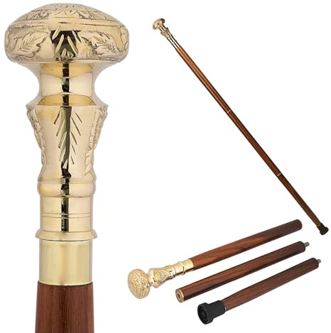 Ajuny Canne de Marche pour Homme Femmes Aînés Fait à La Main en Bois Canne Décoratif en Laiton Ronde Finition Dorée Poignée Léger à Usage Quotidien Cadeau pour Adultes 36 Pouces