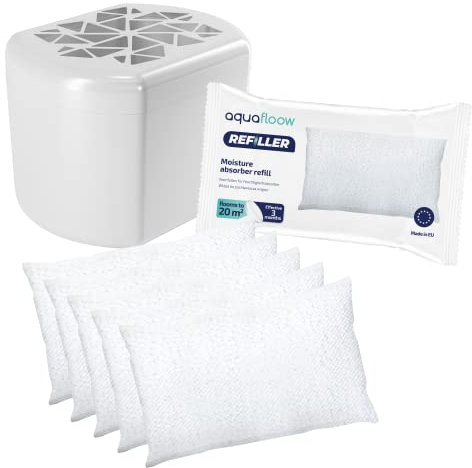 Aquafloow Déshumidificateur avec 5x250g Sacs de Recharge Granulés | Blanc Déshumidificateur Absorbeur d'Humidité, Réduit la Moisissure | Déshumidificateur sans Électricité avec Granulés Rechargeables