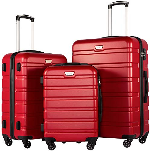 COOLIFE 3-Teiliges Kofferset für Familienreisen, Auslandsreisen, M+L+XL, ABS+PC, Hartschale, Leicht Robuster, Koffer mit 360° Spinner Räder, YKK Reißverschluss, TSA Zahlenschloss, Rot