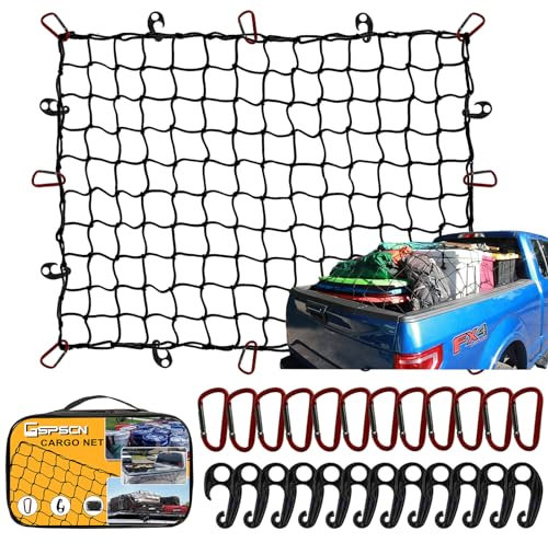 GSPSCN Rete bagagli 2,1x1,5 m cargo net per camion, pick-up, rimorchio, barca, camper, SUV, estensibile fino a 6,3 x 4,5 m con 12 ganci metallici e 12 ganci ABS,per portapacchi da tetto/bagagliaio