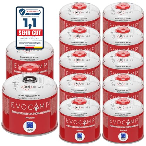 EVOCAMP 12x Propan Butan Gaskartuschen 300g, Schraubventil Eurogewinde 7/16, Ventilkartuschen 539ml mit Sicherheits-Verschlussautomatik, Gaskartuschen einsetzbar für Weber Grills Q100/1200-Serien