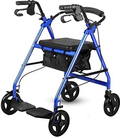 Gehstock, 4-rädriger Rollator mit Sitz und Tasche – 7-Zoll-Räder und klappbares Fußpedal – Mobilitätshilfe für Erwachsene, Senioren, ältere Menschen und Behinderte – Transportstuhl aus Aluminium
