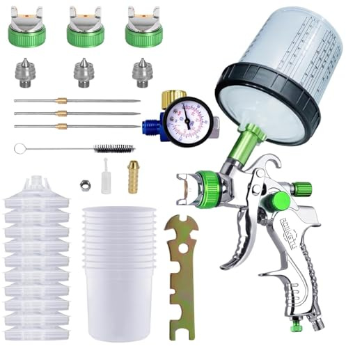HVLP Paint Gun with 1.4/1.7/2.0mm Nozzles,Air Spray Paint Gun w/10pcs 20 Ounce Mixing Cup and Lids & Air Pressure Gauge for Car Painting,Furniture Surface Spraying (Green)