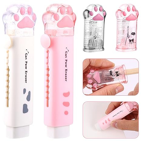 Amaxiu 4 Stück katzenpfoten radiergummi und Katzenpfoten Bleistiftspitzer Set, Niedliche Katzenpfoten Kawaii Schulbedarf Einziehbarer Cartoon Radiergummi manuelle Bleistiftspitzer