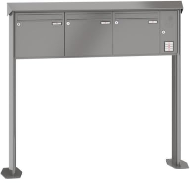 RENZ/Prisma / 3er Freistehende Briefkastenanlage Standbriefkasten mit Sprechfeld/RAL-Farbe 9007 Volumen 1/mit Fußplatten/Dein-Briefkasten.de
