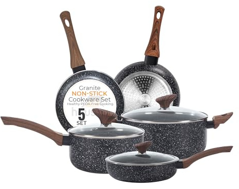 HOUSZY 10-Piece Granite Non-Stick Cookware Set, Induction Compatible