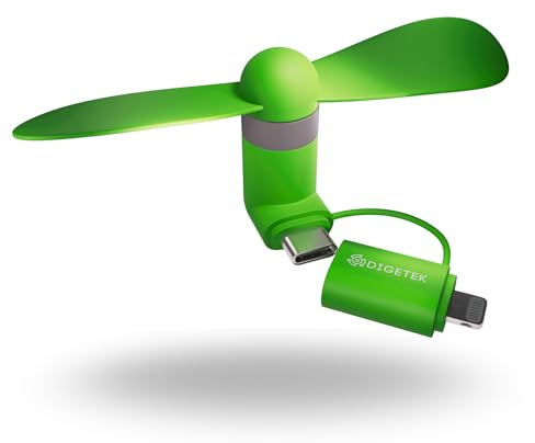 DIGETEK Mini Travel Fan for Smartphone – USB-C & Lightning Cooling Fan, Pocket-Sized, Ultra-Quiet, Compatible with iPhone, Samsung & More (Green)