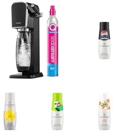 SodaStream Art Pack - Máquina Gasificadora de Agua Color Negro, Incluye Concentrados de Sabores de Pepsi Zero, 7UP Zero, Mirinda Zero y Tónica Zero para Añadir a tu Agua con Gas